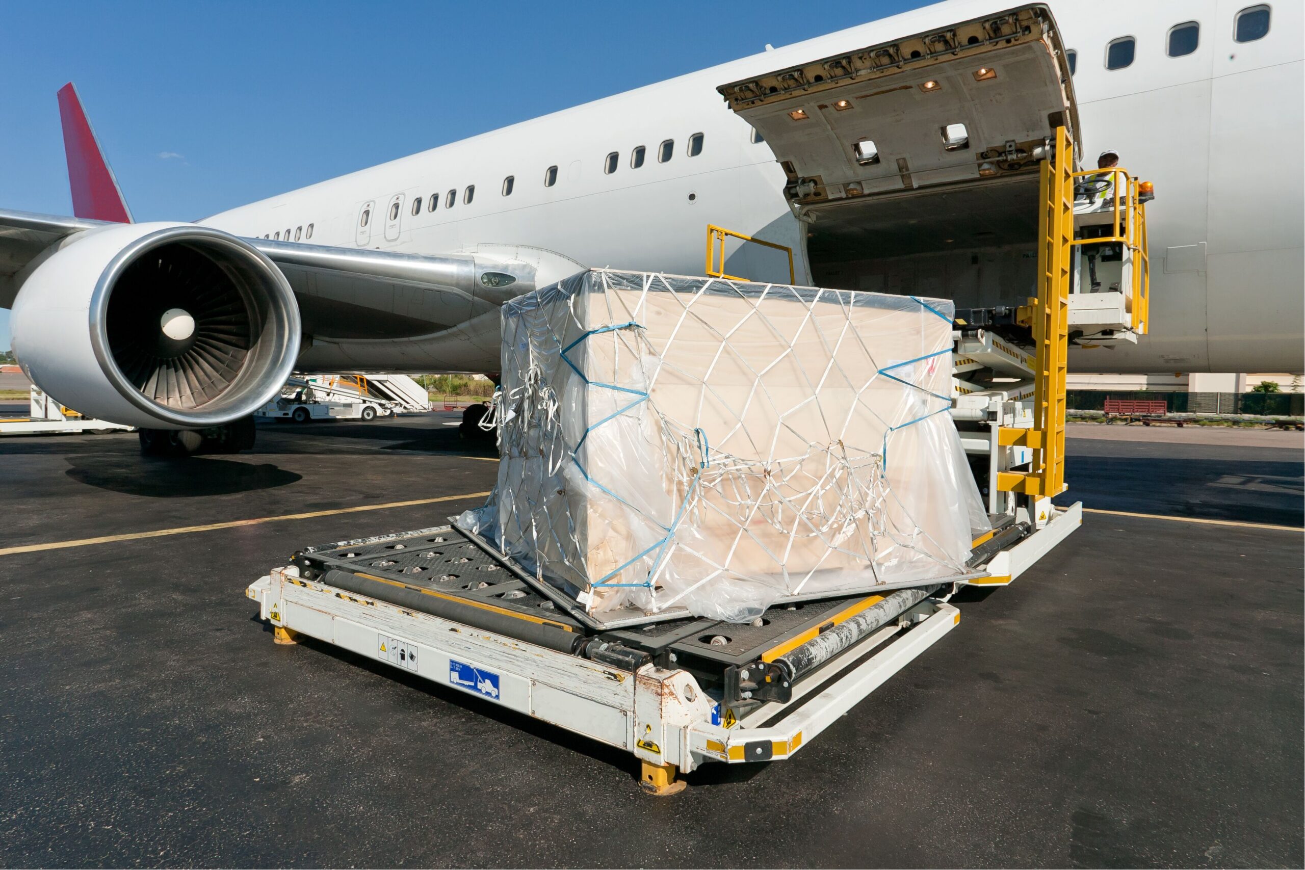 Alt text: "Large cargo pallet wrapped in netting being loaded into the open cargo hold of a parked airplane, on a sunny day, highlighting air freight logistics."