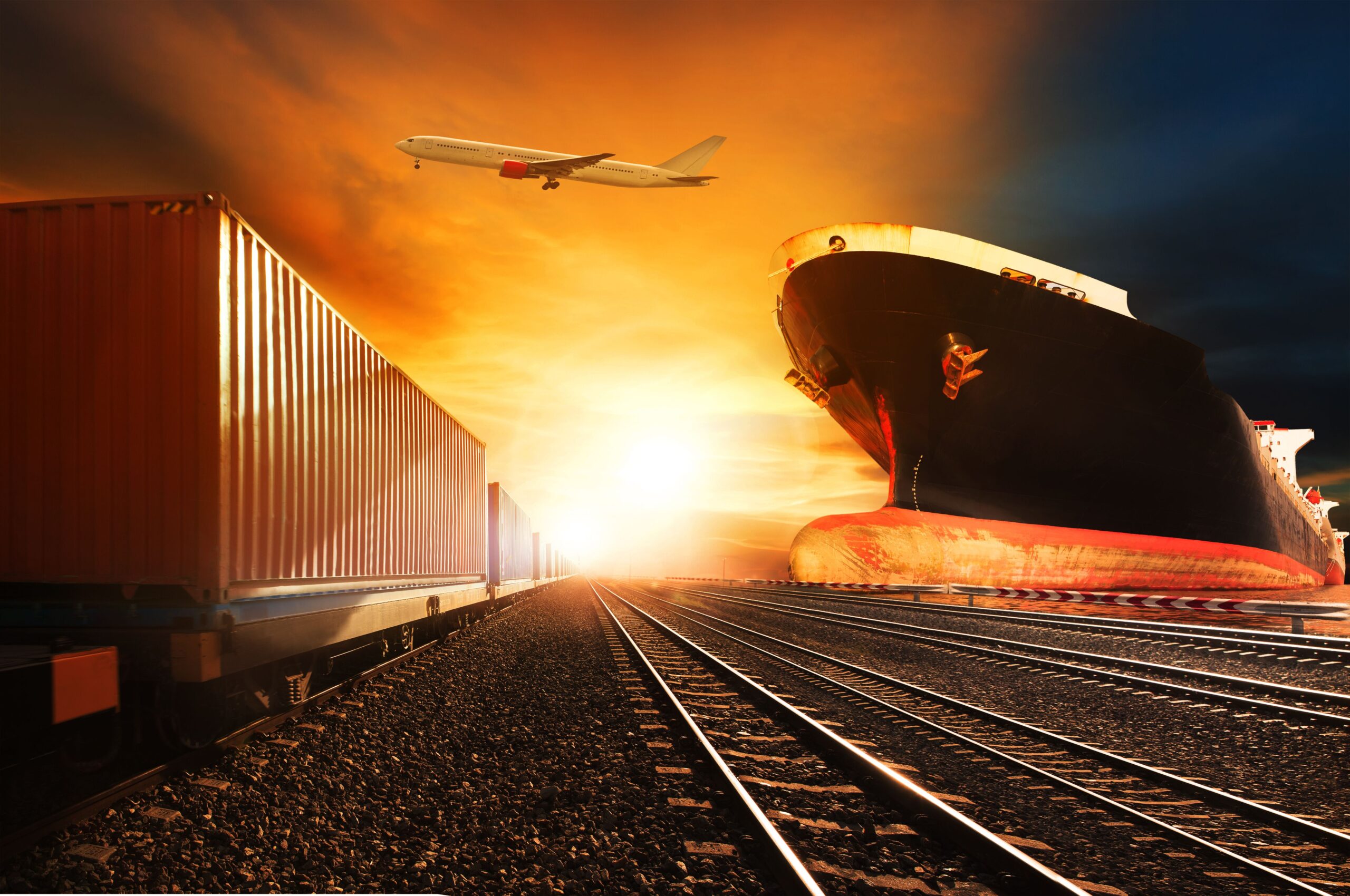 Cargo ship, shipping containers on a train, and an airplane under a vibrant sunset sky.