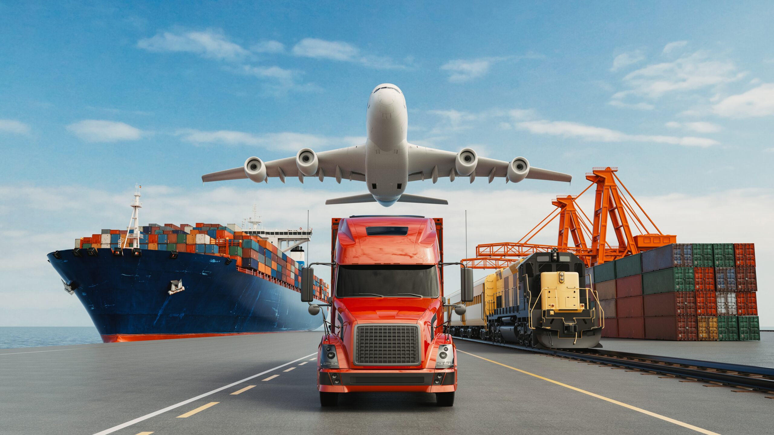 A red truck on a road, a cargo plane above, a ship with containers in the water, and a train beside stacked containers at a busy port.